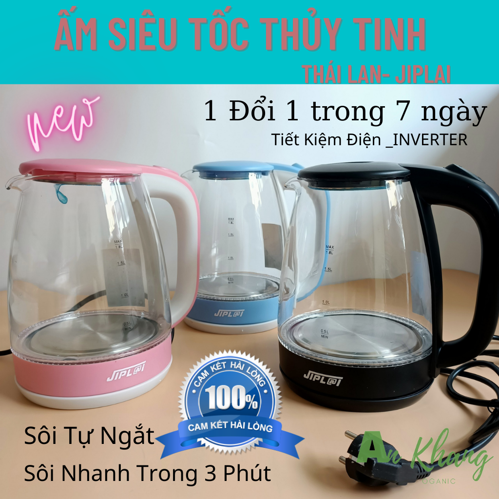 Ấm siêu tốc thủy tinh jiplai chính hãng thái lan-bình ấm siêu tốc mini thủy tinh có đèn led