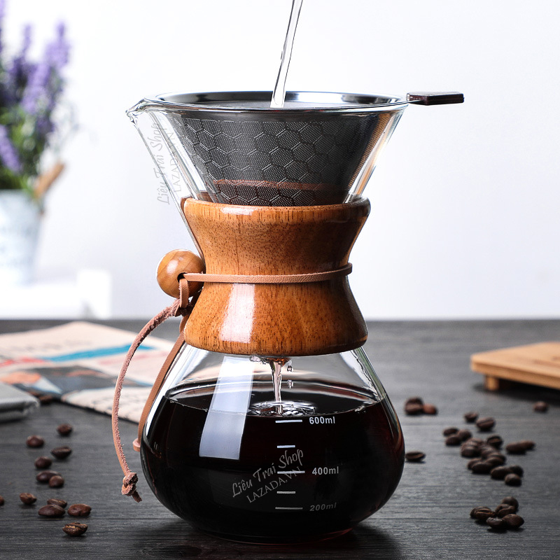 Bình pha cà phê cafe pour over V60 Chemex drip không giấy lọc Inox 304 600ml