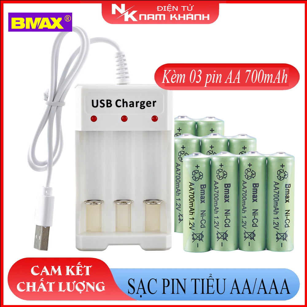 Combo sạc pin tiểu aa aaa 3 cổng usb bmax b-03 và 03 viên pin tiểu aa 700mah