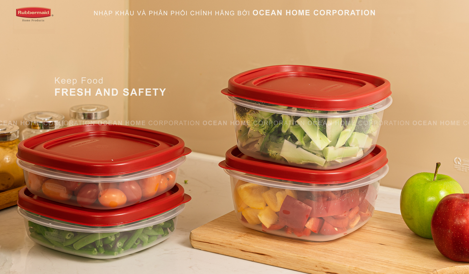 Set 4 hộp đựng thực phẩm RUBBERMAID CHÍNH HÃNG có nắp màu đỏ bằng nhựa PP cao cấp