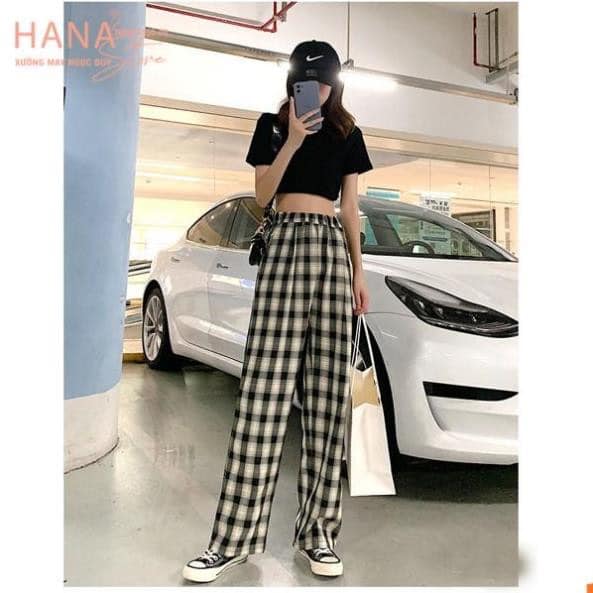 Quần ống rộng kẻ caro cạp chun, quần ống suông, quần caro ống rộng, quần ống rộng caro, quần baggy nữ, quần ống rộng lưng cao, CLOWE