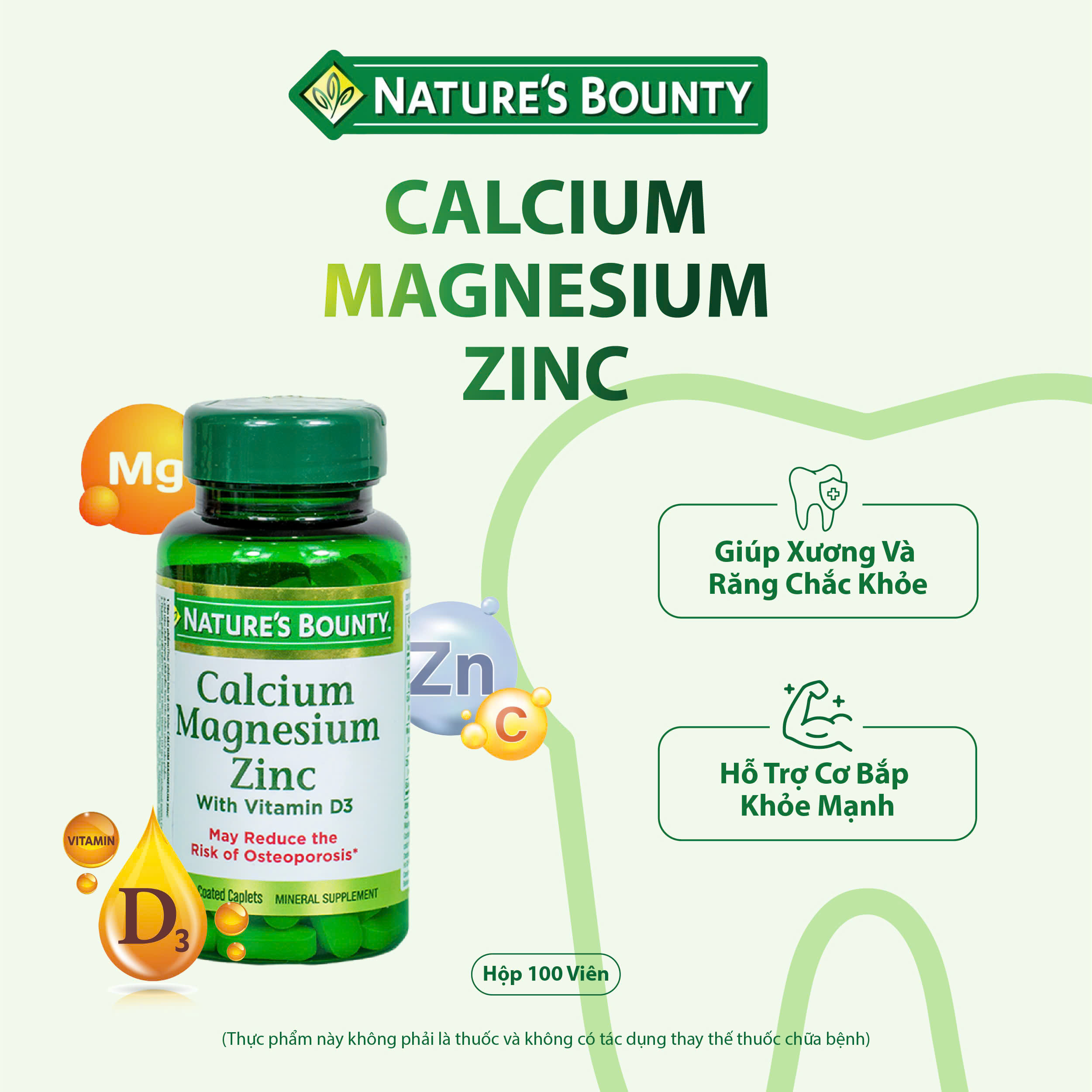 Viên uống bổ sung Canxi Magnesium Zinc with Vitamin D3 Nature Bounty bổ xương khớp 100 viên