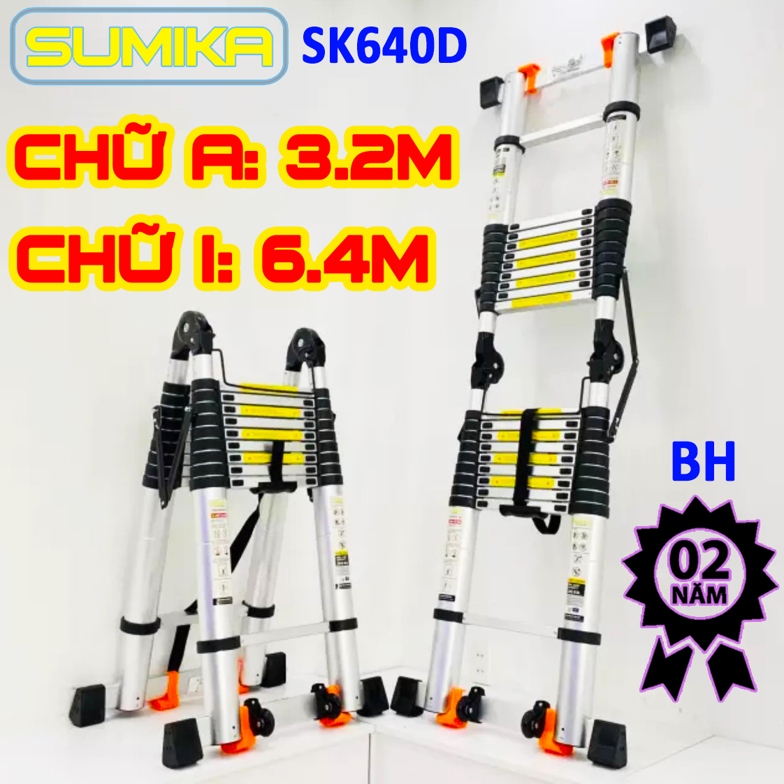 Thang nhôm rút xếp đôi sumika sk640d new 2020 tải trọng 300kg, bảo hành 2 năm