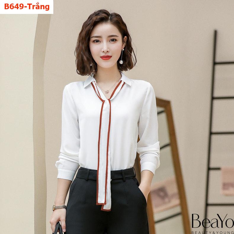 B649-áo sơ mi phối nơ viền xinh xắn
