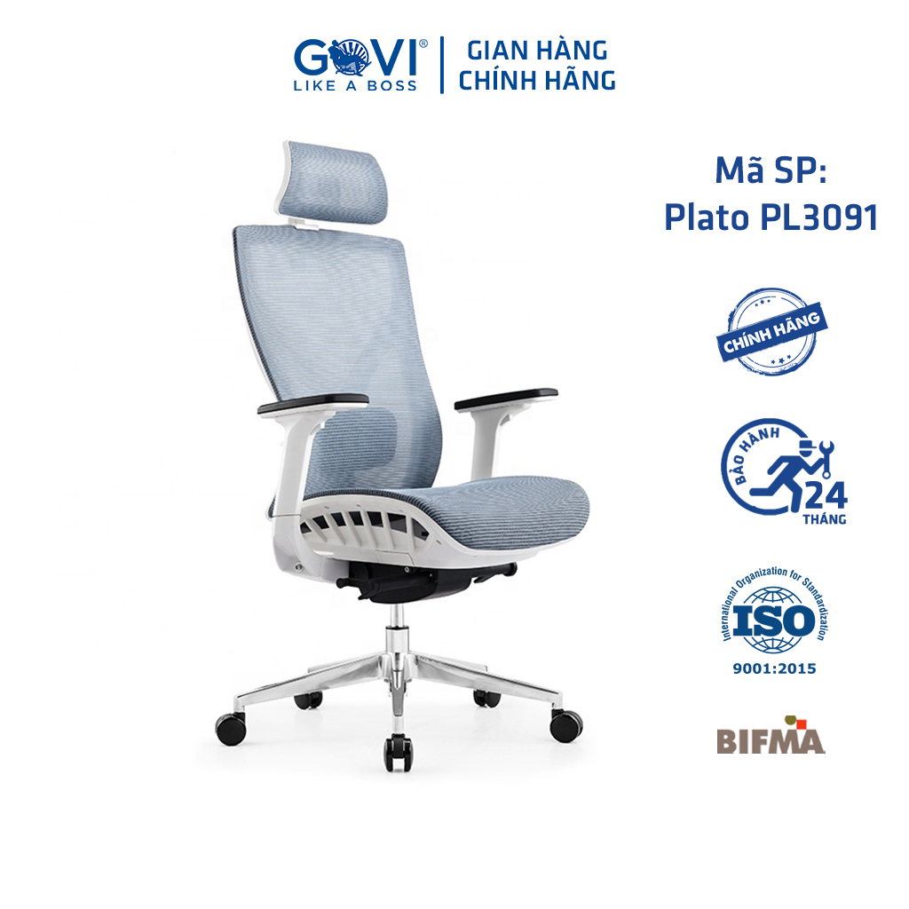 Ghế công thái học Ergonomic GOVI Plato PL3091 - Thiết kế tựa đầu điều chỉnh độ cao, tựa tay 3D nâng hạ, mâm ghế ngả sau, khóa cố định 3 vị trí