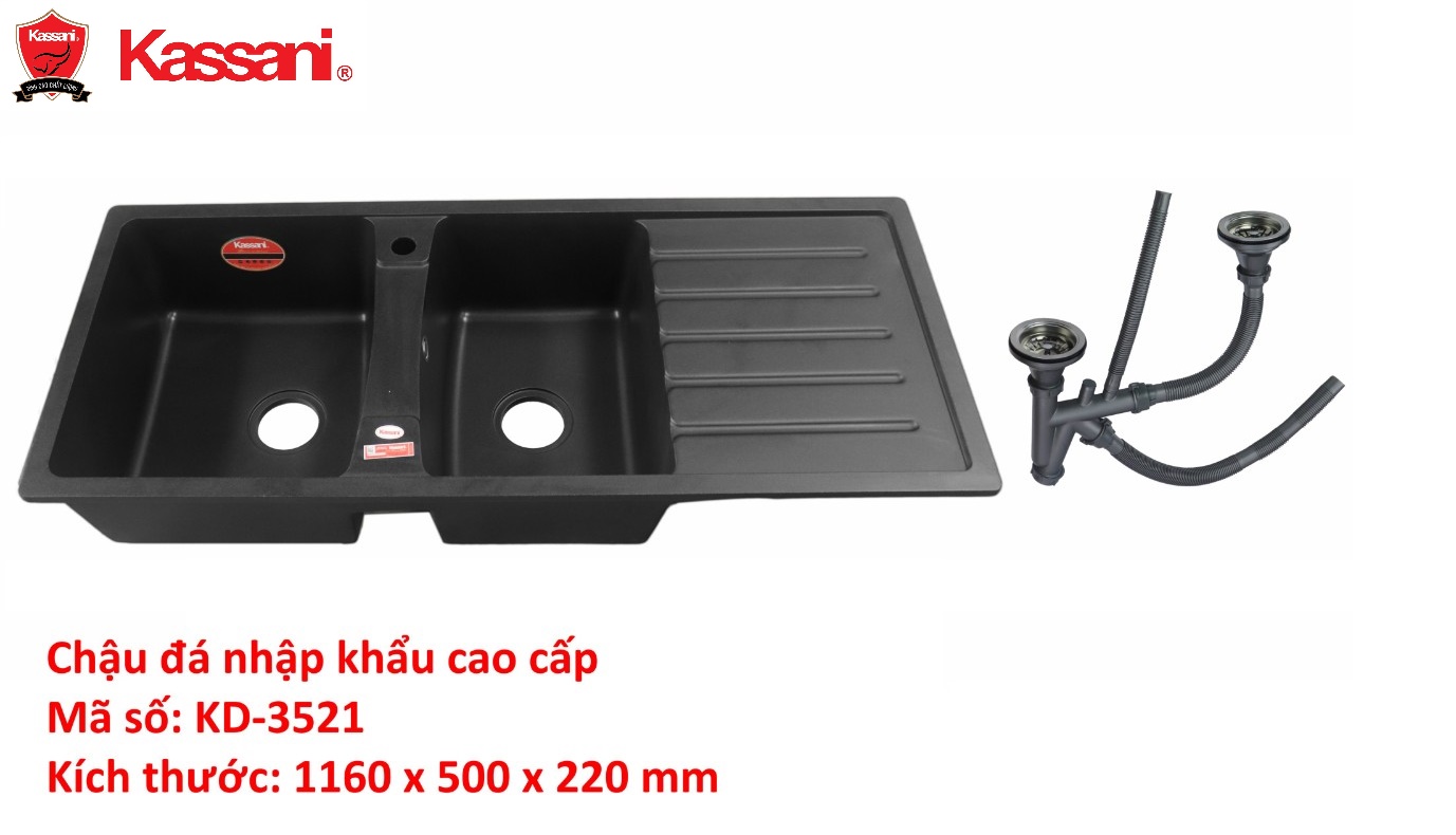 Chậu đá rửa chén bát Kassani KD-3521 2 hộc có cánh cao cấp - màu đen mờ bồn rửa chén đá Bồn rửa bát đá nhân tạo