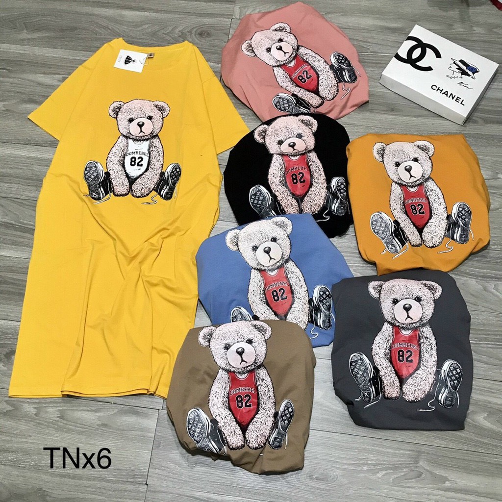 Đầm suông dáng dài tay lỡ ️freeship️ váy suông nữ cổ tròn họa tiết gấu domrebel