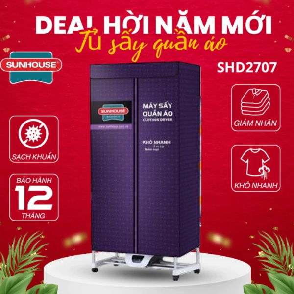[Mẫu mới 2025]Tủ sấy quần áo sunhouse shd2707 sấy 20kg - Khử khuẩn - Sấy khô - Hàng chính hãng bảo hành 12 tháng