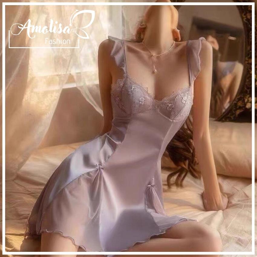 Váy ngủ nữ lụa cao cấp có mút ngực phối ren siêu sexy v20 tặng kèm quần chip xinh xắn - amolisa
