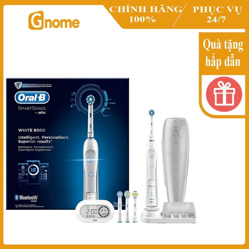 Bàn chải điện Oral B Pro 6000 Smart Series, kết nối Bluetooth, 4 đầu tăm thay thế, 6 tính năng, công nghệ thông minh [Tặng kem đánh răng Ajona] [Made in Germany]