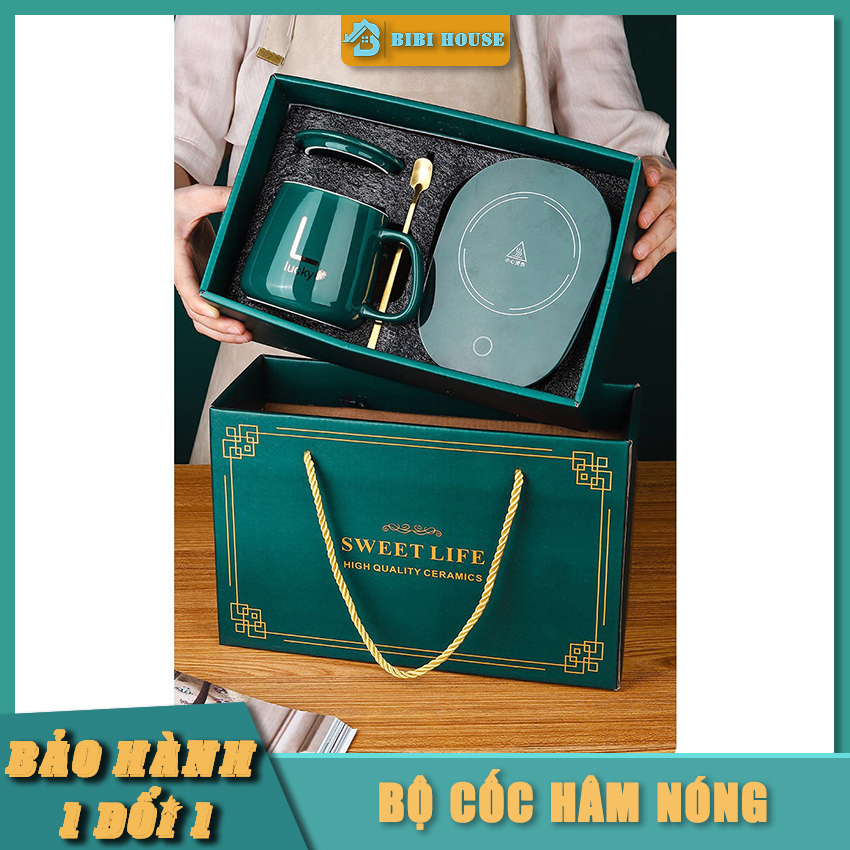 Cốc hâm nóng kèm đế điện và thìa mạ vàng cao cấp bibi house - bộ cốc hâm nóng dùng được cho mọi loại cốc