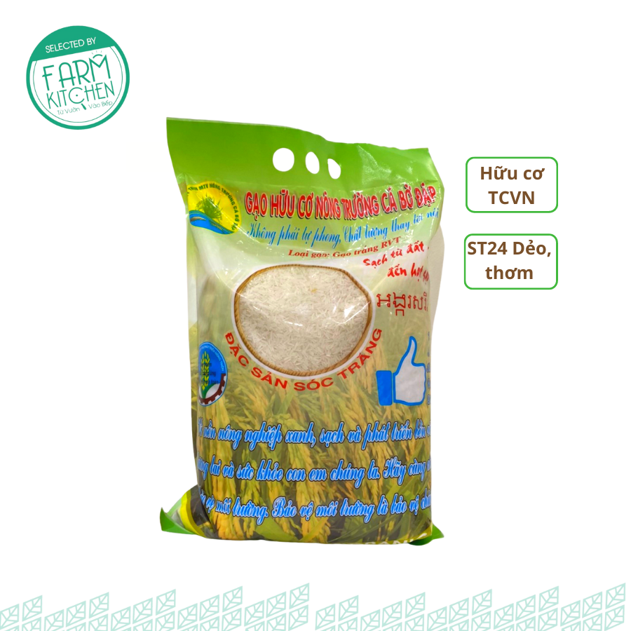 Gạo st24 hữu cơ thơm ngon, dẻo mềm túi 5kg - nông trường cá bờ đập sóc trăng