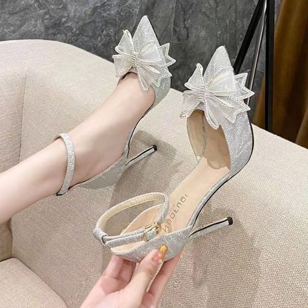GIÀY CAO GÓT NKC65 QUAI HẬU NƠ ĐÍNH ĐÁ XINH XUẤT SẮC MÀU ĐEN, KEM 7P PHÙ HỢP ĐI TIỆC ĐI CHƠI