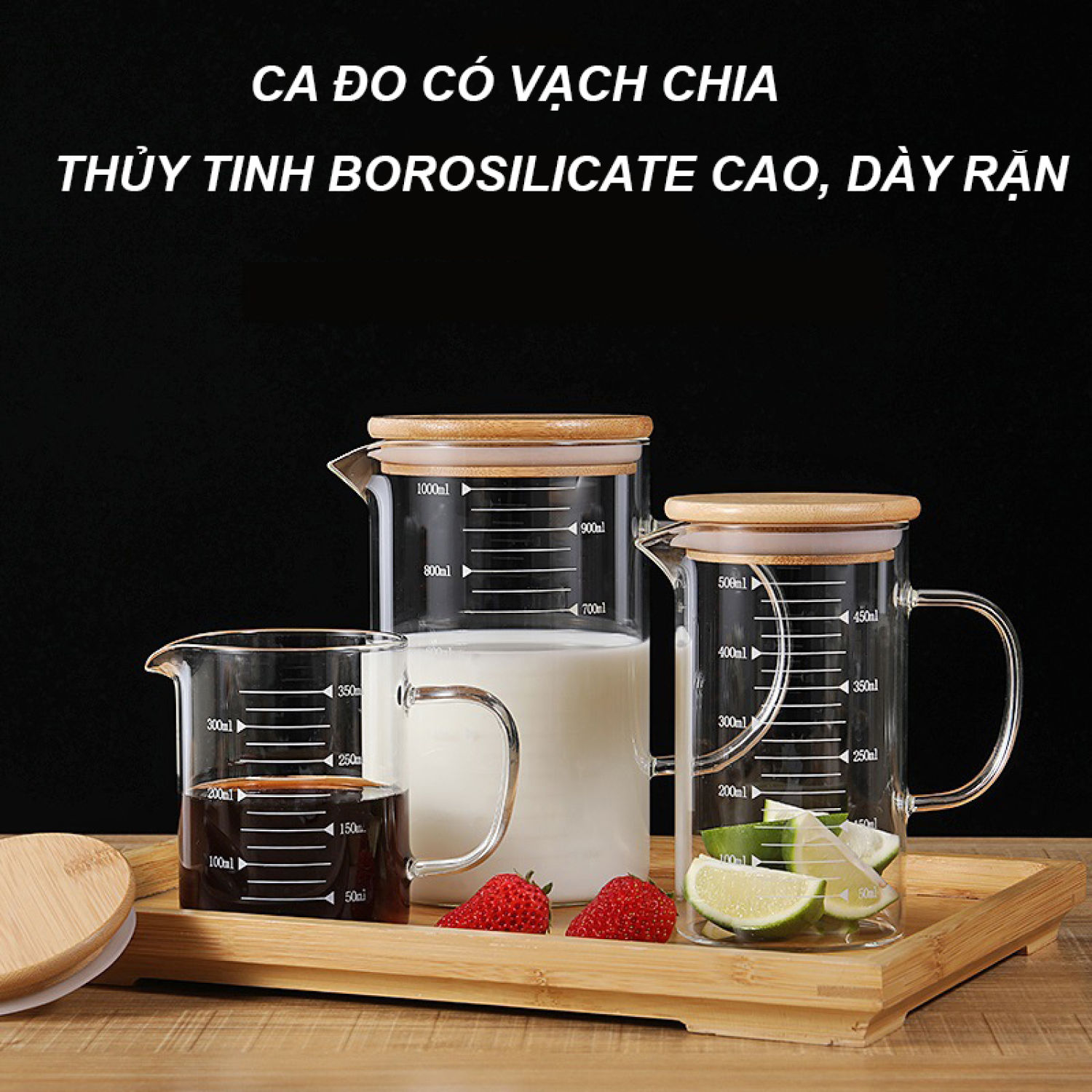Cốc pha sữa, Ca thủy tinh có vạch chia ml kèm nắp gỗ tre cao cấp - Cốc thuỷ tinh có vạch chia ml, chịu nhiệt