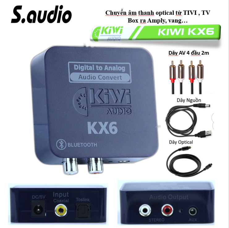 Kiwi KX6 - Bộ chuyển đổi âm thanh quang học Digital sang Analog , Dây Quang , AV 4 Đầu 2M, Dây Nguồn | Chính Hãng