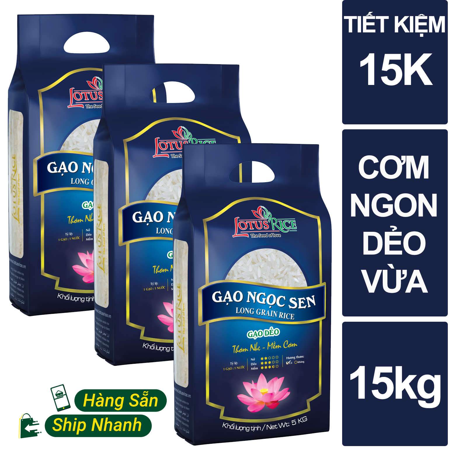 Combo 3 túi Gạo Ngọc Sen cơm ngon dẻo nhẹ Lotus Rice 5kg (tổng 15kg)  - Đạt nhiều chứng nhận an toàn thực phẩm