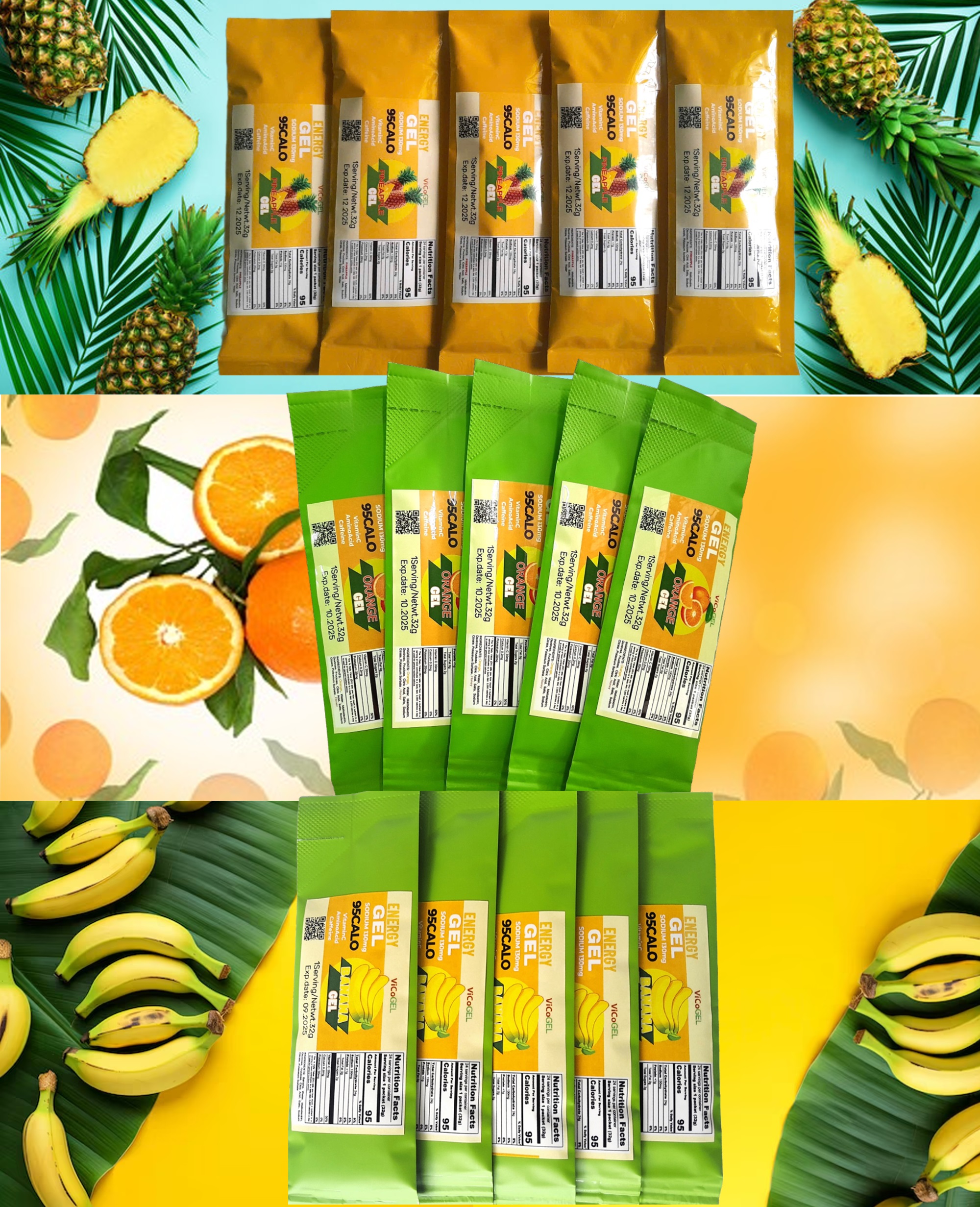 COMBO 15 GEL NĂNG LƯỢNG 3 LOẠI (CHUỐI - CAM - THƠM) -  Vicogel 32G/95Calo