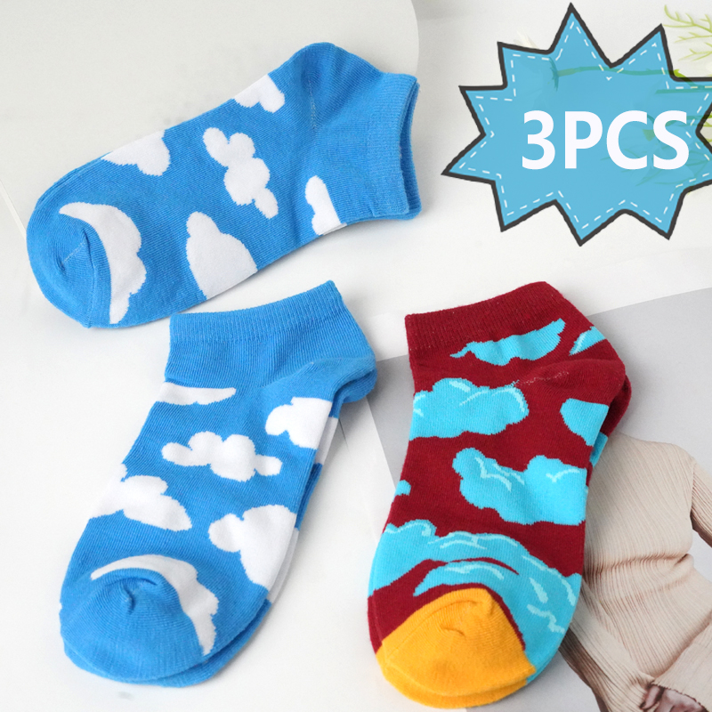 3 Cặp/lô Thời Trang Cloud Tất Mềm Màu Xanh Tất Thể Thao Thông Thường Tất Cho Nam Và Nữ Thuyền Tất