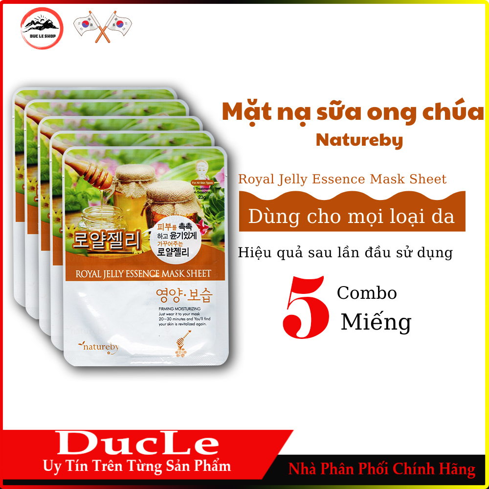 Combo 5 miếng Mặt nạ dưỡng da sữa ong chúa natureby HÀN QUỐC dạng giấy cấp ẩm, làm căng mịn da và chống lão hóa Royal jelly essence mask sheet 23ml/miếng