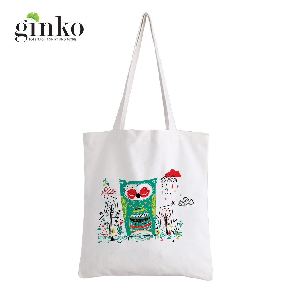 Túi Vải Tote GINKO Kiểu Basic Dây Kéo In Hình Cartoon Owls G193