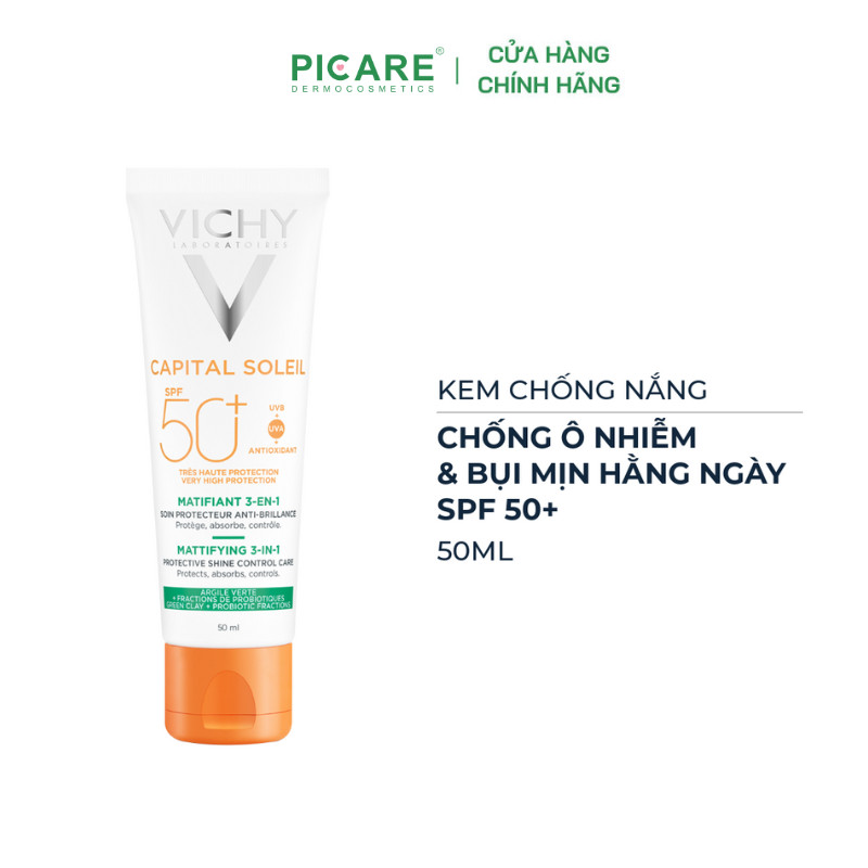 Kem chống nắng chống bụi mịn, kiểm soát dầu vichy spf50+ capital soleil mattifying 3in1 uvb+uva 50ml