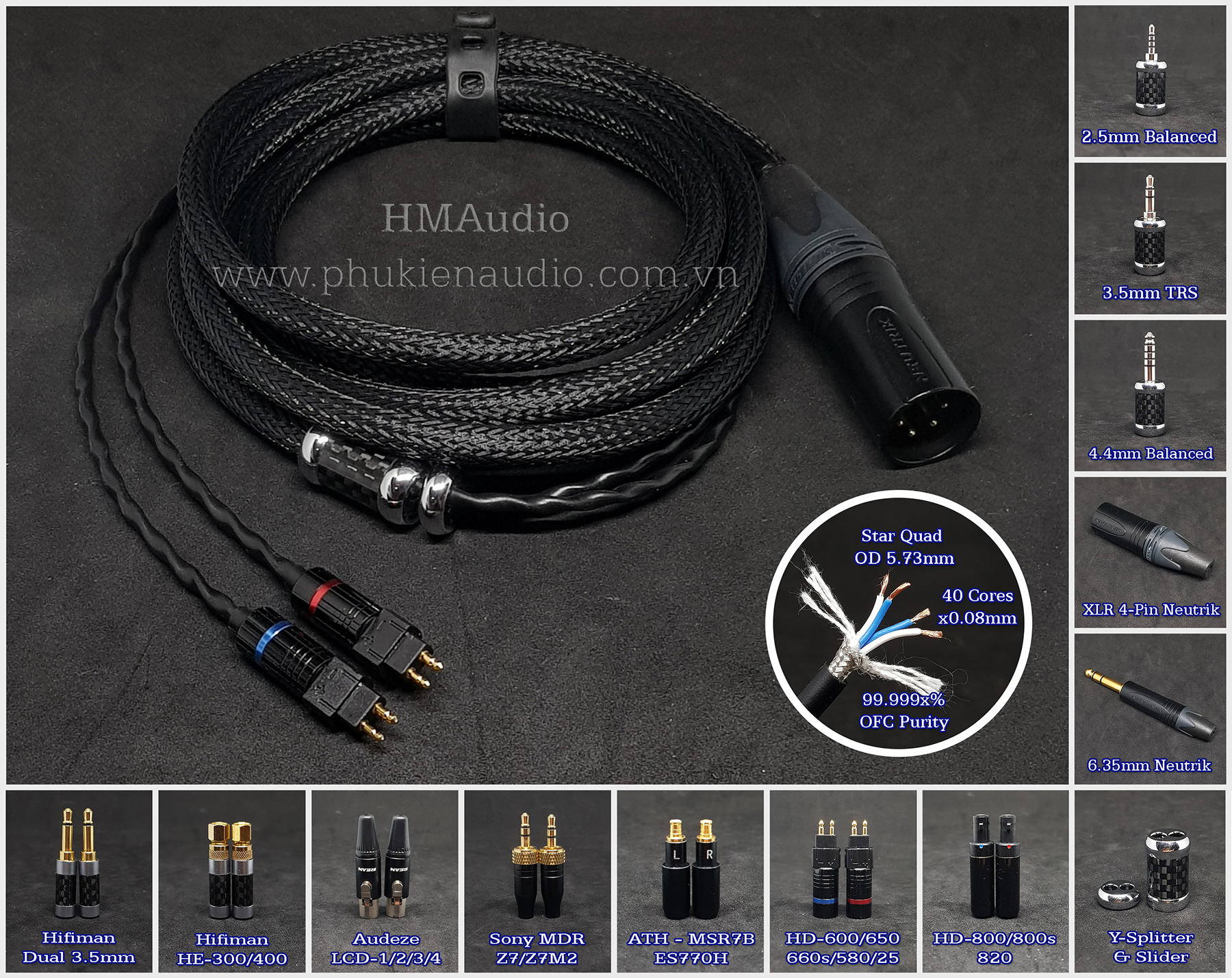 Dây tai nghe đồng ofc bọc chống nhiễu canare - connector sennheiser hd650 hd600 hd660s hd580 hd25