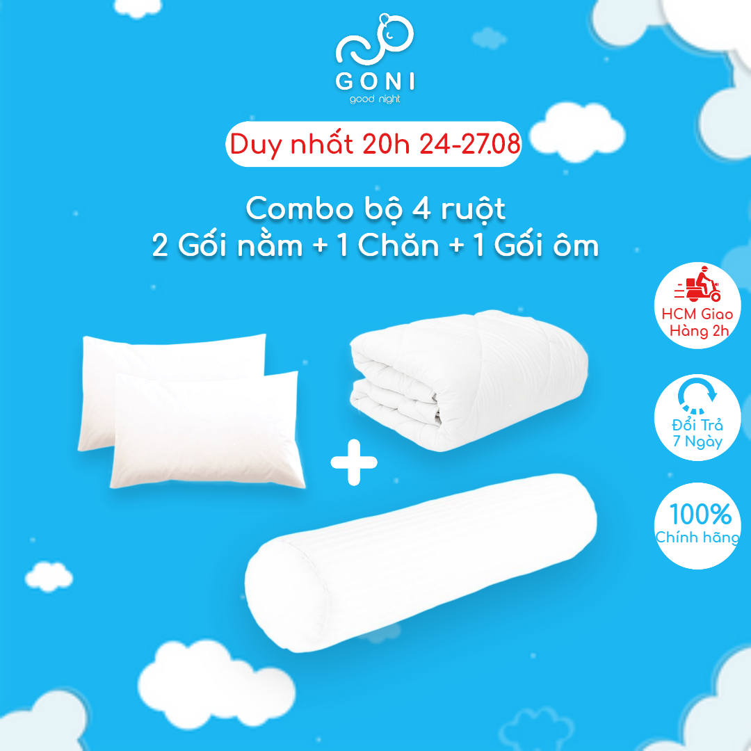 Bộ 4 ruột hơi bông gòn êm ái GONI Trắng tinh khiết bao gồm 2 ruột gối , 1 ruột chăn hè và 1 ruột gối ôm