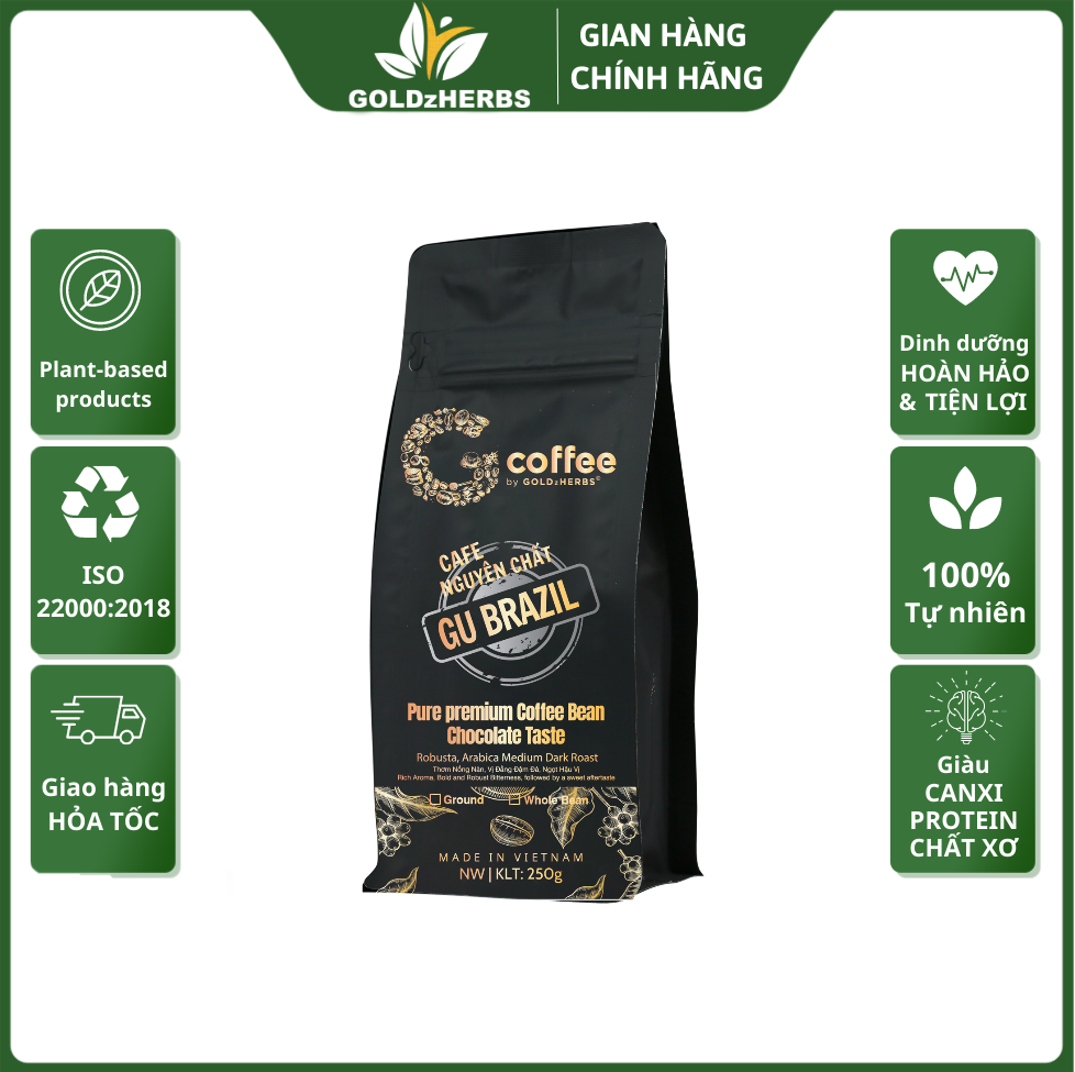 Cafe nguyên chất gu goldzherbs 250g gu truyền thống/ gu đậm đà/ gu thơm/ gu moca/ gu chocolate