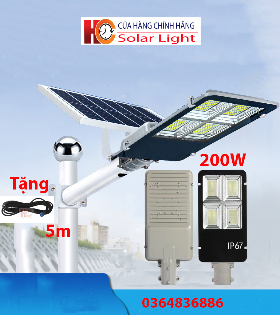 Đèn năng lượng mặt trời  bàn chải cao cấp HC SOLAR LIGHT 200W, Vỏ nhôm, Tấm pin rời, Ánh sáng trắng