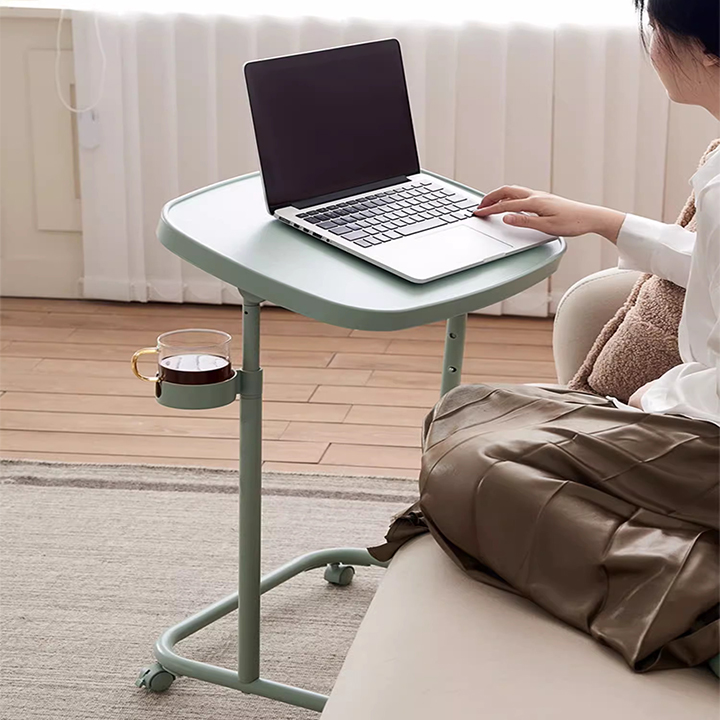 Bàn làm việc nâng hạ, gấp gọn có bánh xe, khay để cốc