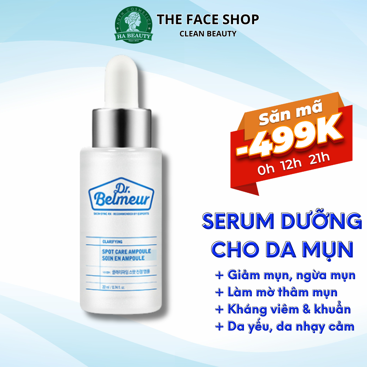 Serum dưỡng cho da mụn nhạy cảm làm mờ vết thâm xạm The Face Shop Dr Belmeur Clarifying Spot Care Ampoule 22 ml