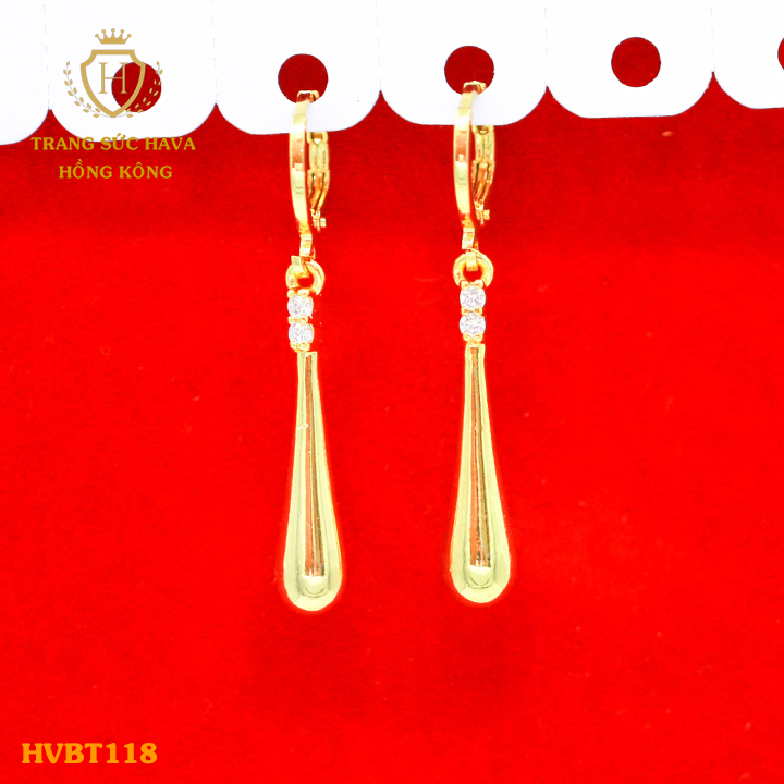 Khuyên Tai, Bông Tai Nữ Dáng Dài Mặt Đính Đá Màu Trắng, Titan Xi Mạ Vàng Non 24k Thật Cao Cấp (Không Bị Xỉn Đen) - Trang Sức Hava Hong Kong