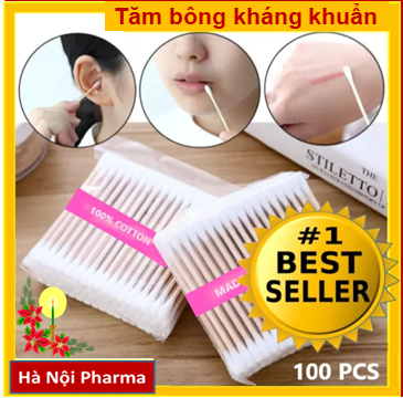 Combo 2 gói (tổng 200 que) tăm bông kháng khuẩn tiệt trùng cao cấp Bonny Cotton buds, 100% bông tự nhiên, dùng để vệ sinh tai, mũi, Hà Nội Pharma