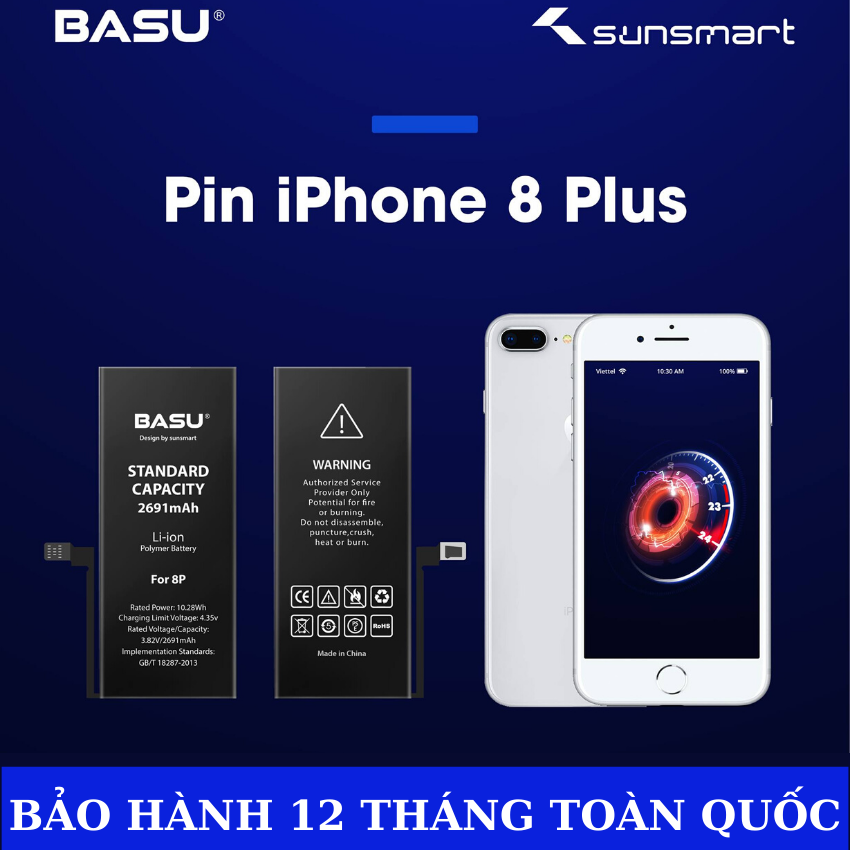 Pin Iphone 8 Plus chính hãng BASU - Pin chuẩn, an toàn ,bảo hành 12 tháng toàn quốc bằng QR CODE cùng gói bảo hiểm trị giá 10 tỷ. Tặng kèm siu dán Pin