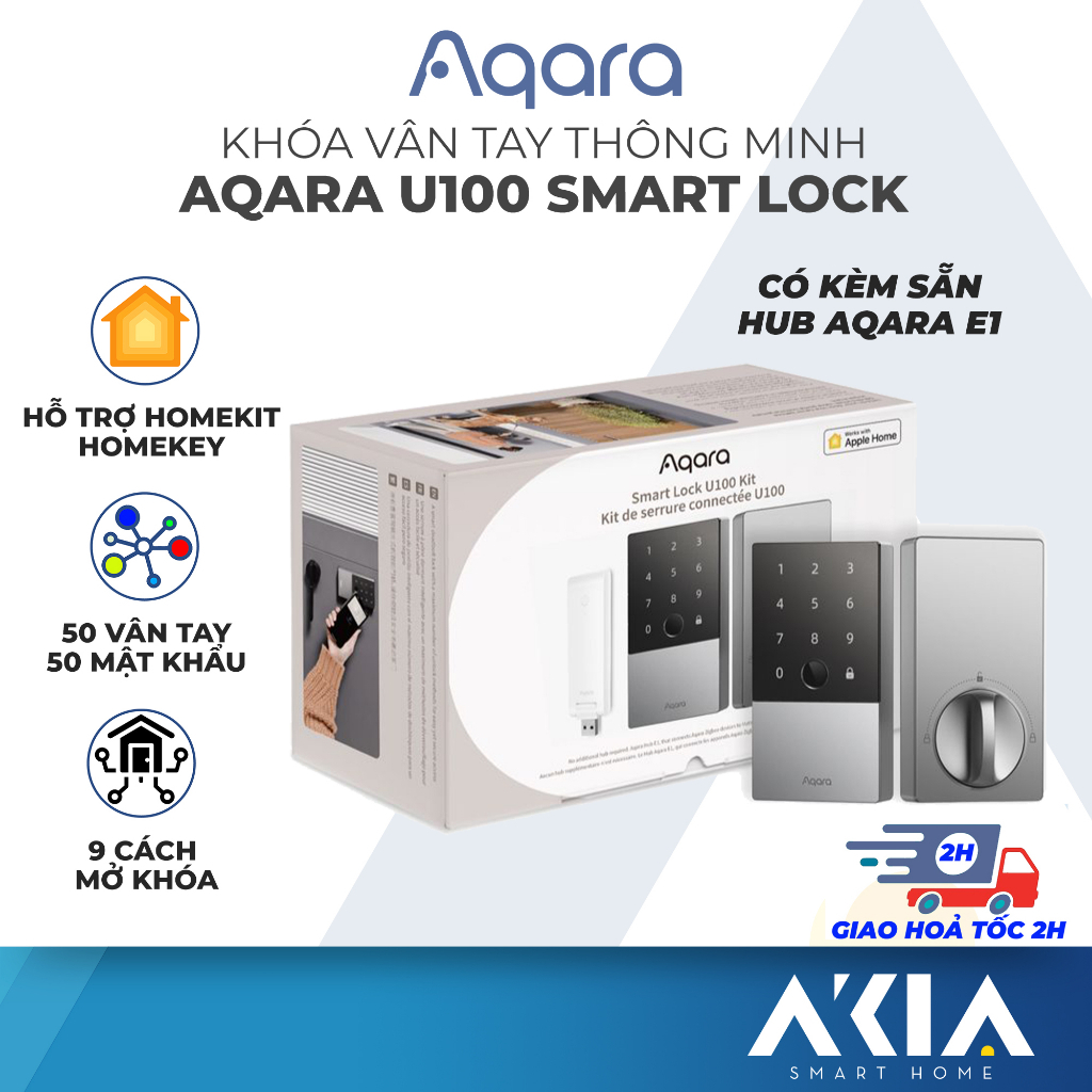 [Kèm sẵn Hub Aqara E1] Khóa vân tay thông minh Aqara U100, tương thích Homekit, Homekey, 9 cách mở khóa, BH 12 tháng