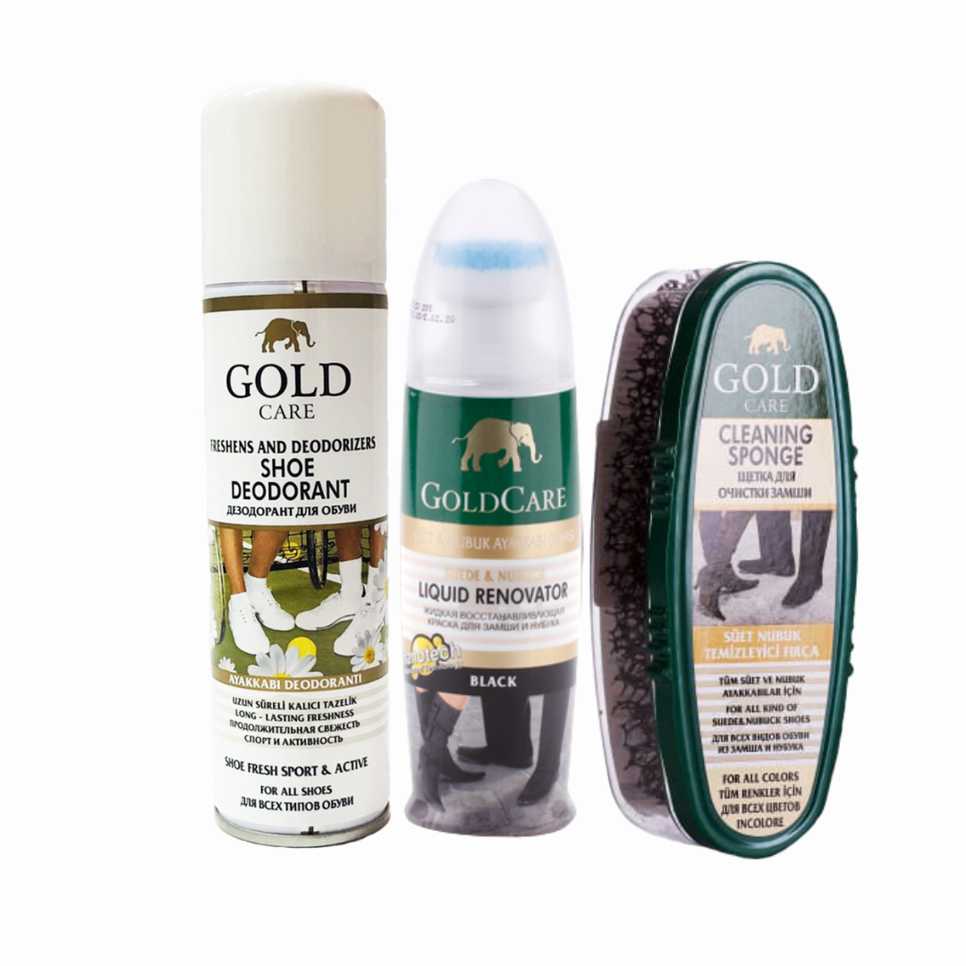 Combo chăm sóc giày da lộn goldcare gồm xi nước gc2002 + xịt khử mùi gc3003 + bàn chải đánh bụi gc4007