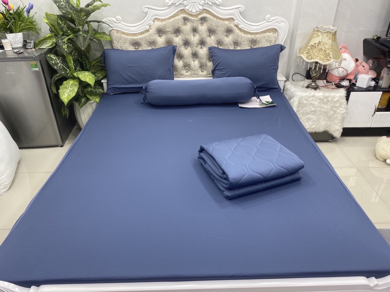 Bộ Ga Gối 4 Món Thun Lạnh Hàn Quốc Màu Xám Xanh - Chăn Ga Gối Thun Lạnh Hàn Quốc