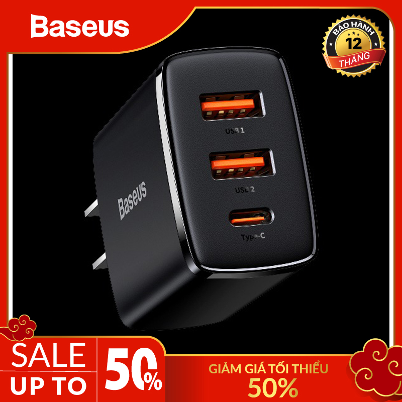 Củ sạc nhanh 3 cổng 30w baseus compact quick charger 2U+C 30W