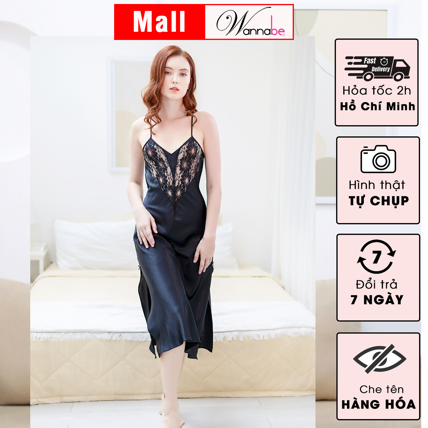 Đầm ngủ phi lụa cao cấp Wannabe DNS25 váy ngủ dáng dài phối ren trong suốt thân trên, lưng cột hoặc tháo nơ tự do quyến rũ