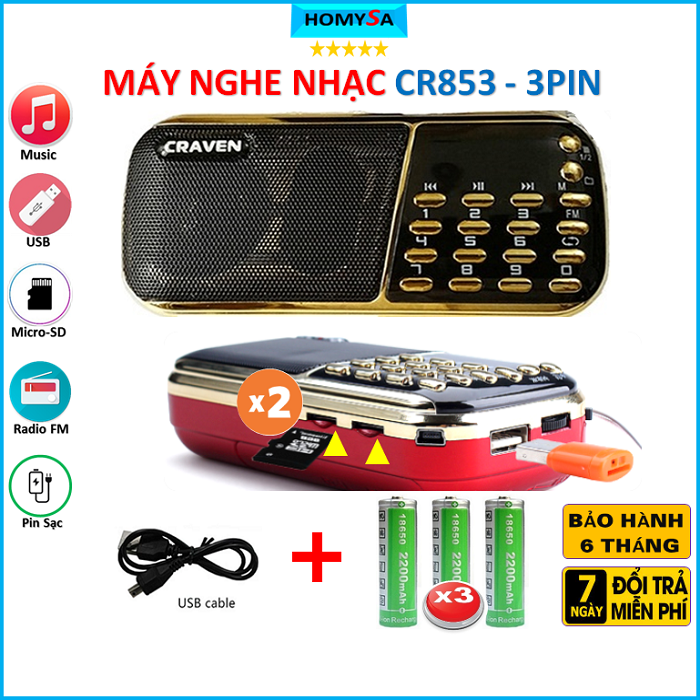 Máy nghe nhạc đa năng craven cr853- loa mp3 nghe kinh pháp đọc thẻ nhớ nghe đài fm – 3 pin sạc – 2 khe thẻ nhớ - 3w