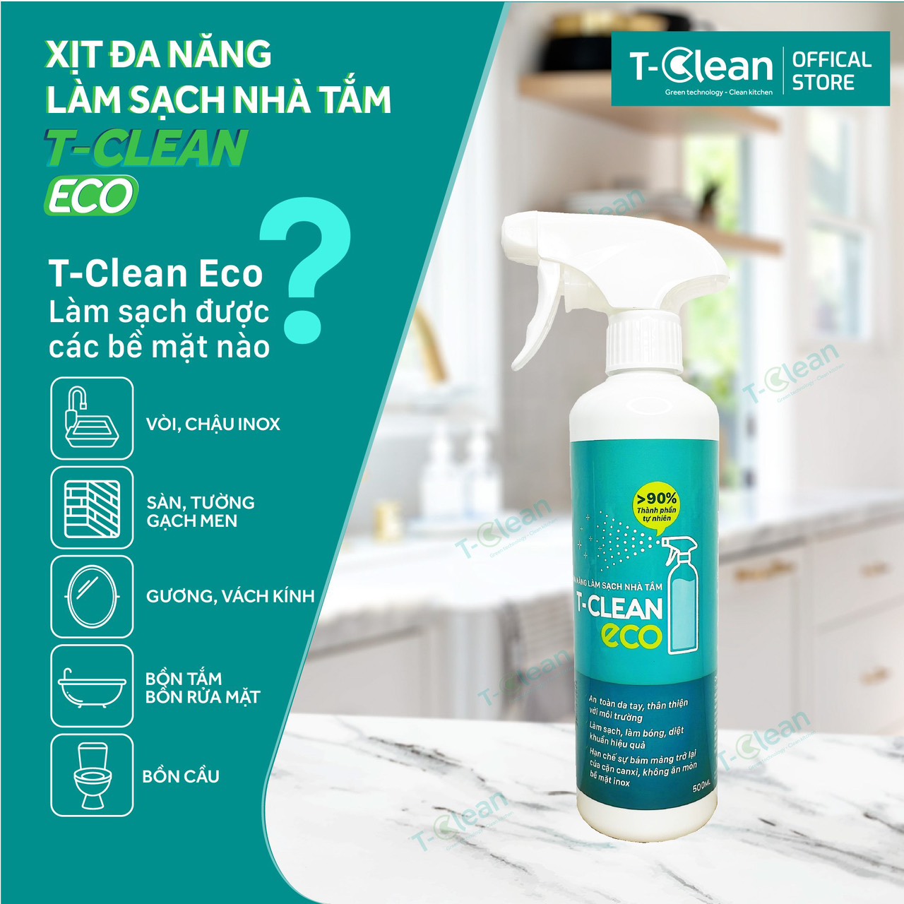 Tẩy đa năng T-Clean, tẩy cặn canxi (TClean) inox, vách kính, nhà vệ sinh, nhà tắm 500 ml