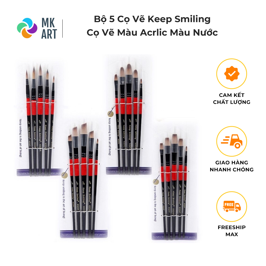 Bộ 5 cọ Keep Smiling thân đỏ đen - Cọ vẽ Màu Acrylic Màu Nước