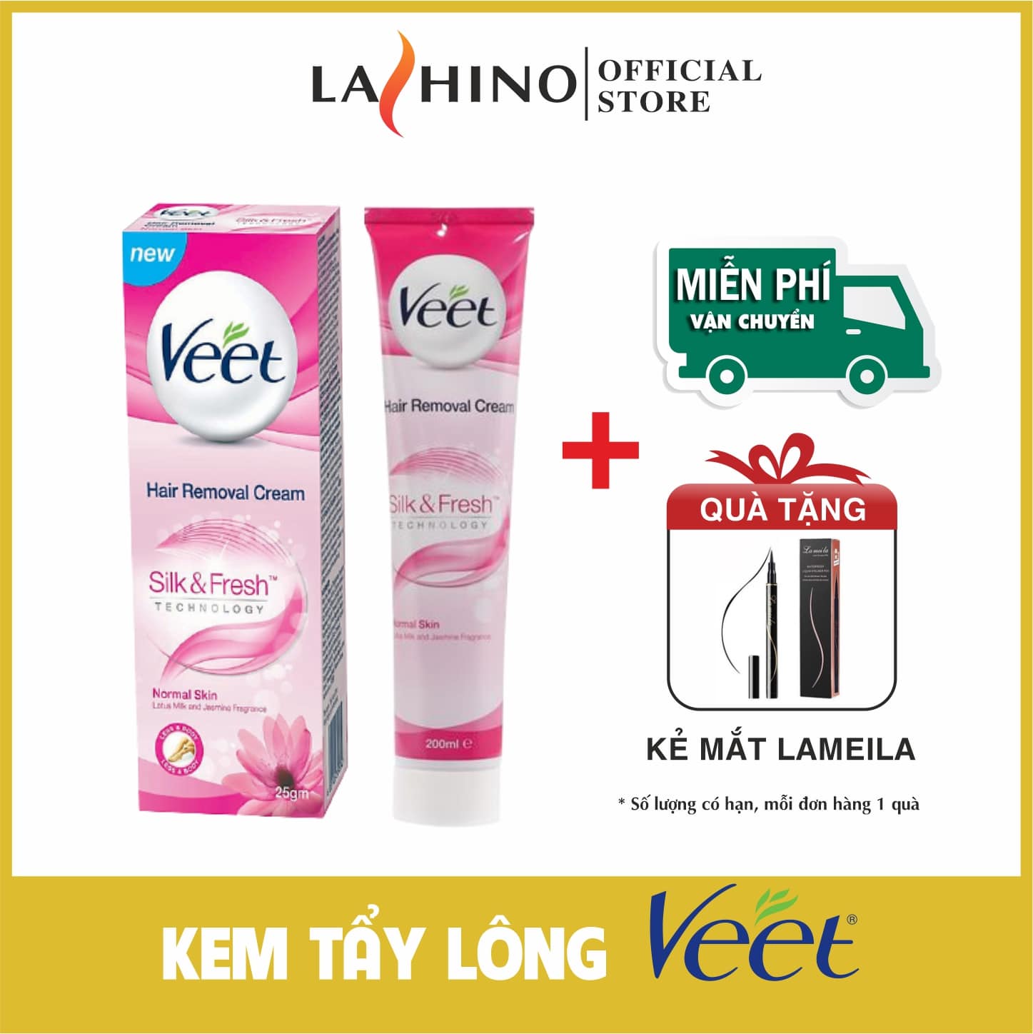 Kem tẩy lông veet Pháp 100ml LASHINO Tặng kẻ mắt lameila, tẩy lông vùng kín Bikini, tẩy lông chân, tẩy lông nách hiệu quả an toàn cho da, tẩy lông cho nam nữ không gây kích ứng