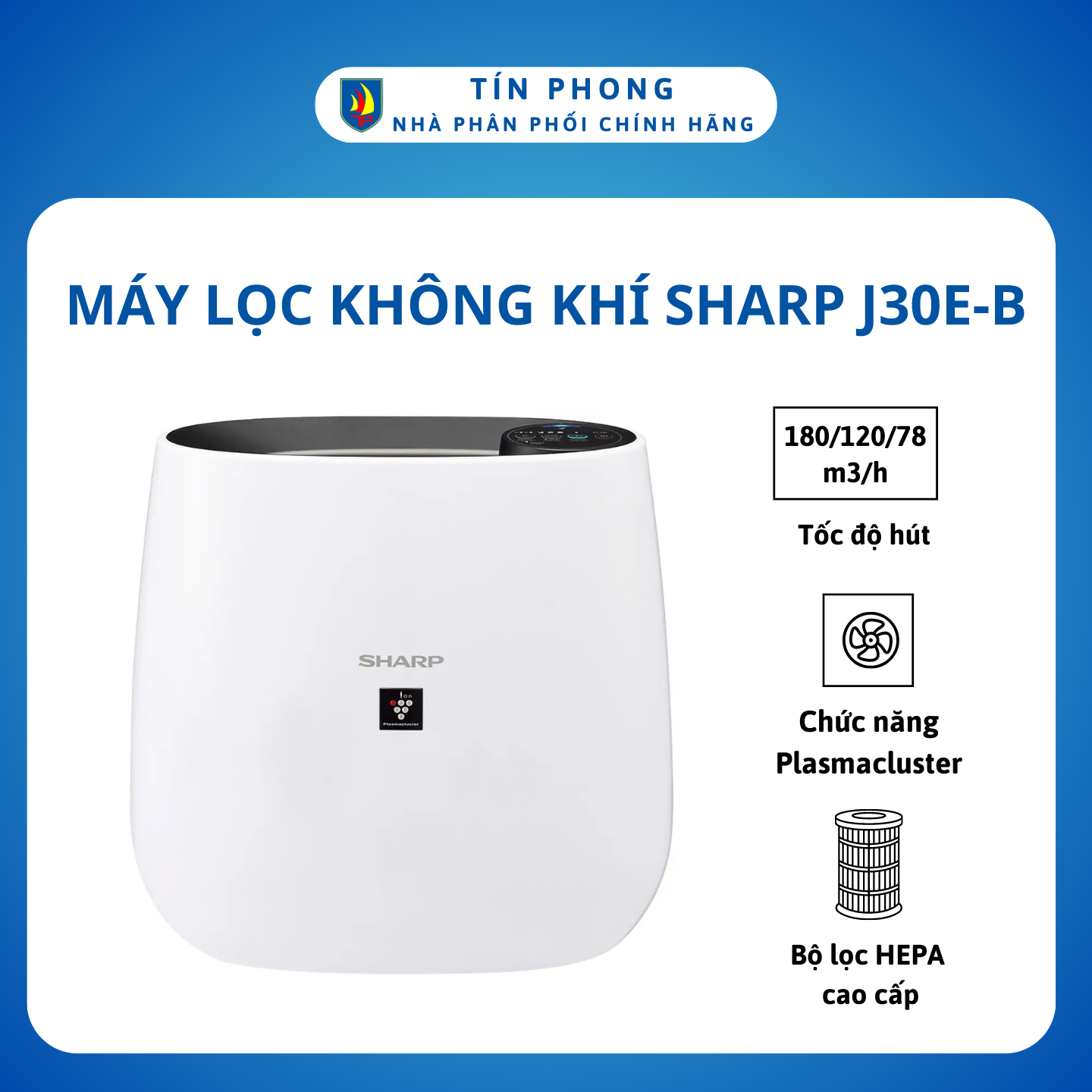 [Giao Hỏa Tốc 2H] MÁY LỌC KHÍ, MÁY LỌC KHÔNG KHÍ SHARP J30E-B. 3 tốc độ quạt, công suất 50 W dùng cho phòng có diện tích nhỏ hơn 23 m2. Sử dụng bộ lọc Hepa cao cấp, diệt sạch 99.97% bụi bẩn, phấn hoa, nấm mốc.