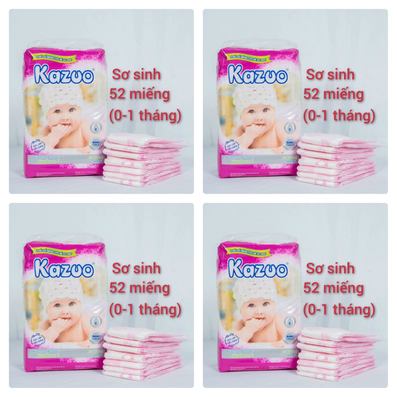 [HCM] Combo 4 bịch tã lót sơ sinh kazuo new born NB1-52 miếng ( 0-1 tháng )