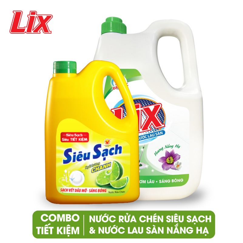COMBO số 7 gồm Nước lau sàn LIX hương nắng hạ 3.6 lít LH360 + Nước rửa chén LIX siêu sạch hương chanh 1.4kg NS140