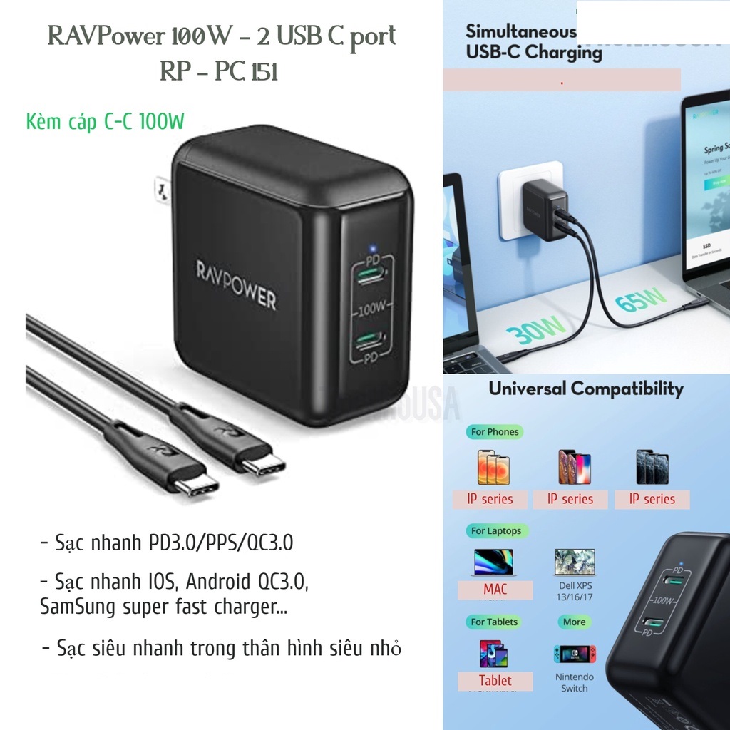 Bộ Củ +cáp sạc nhanh RAVPower 100w RP-PC151 với 2 cổng type C (GaN II) tặng kèm cáp C to C 1.5m sạc chuyên dụng cho laptop - điện thoại- máy tính bảng