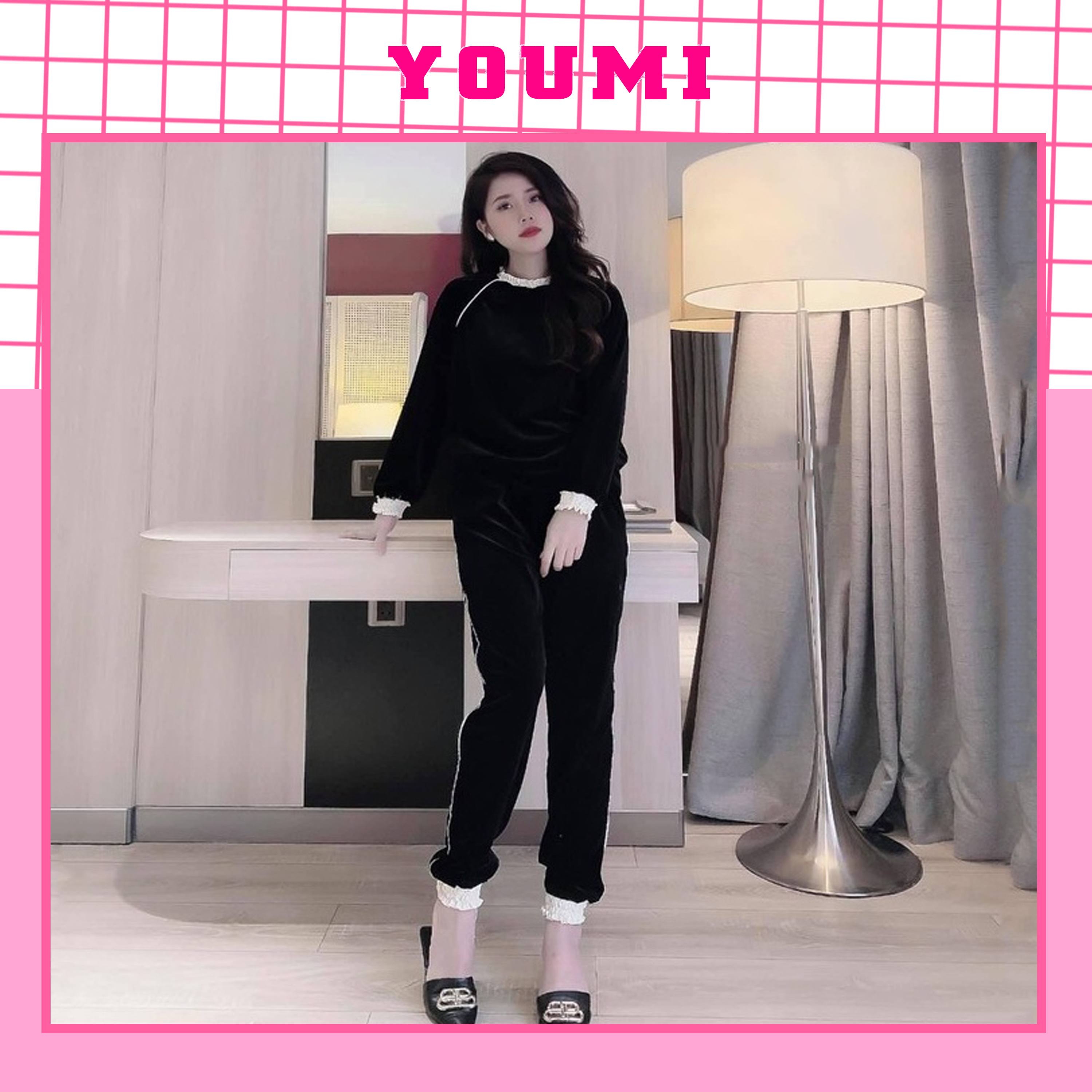 Đồ bộ nữ nhung mặc ở nhà viền bèo tiểu thư chạy mí set đồ nữ thu đông MI005