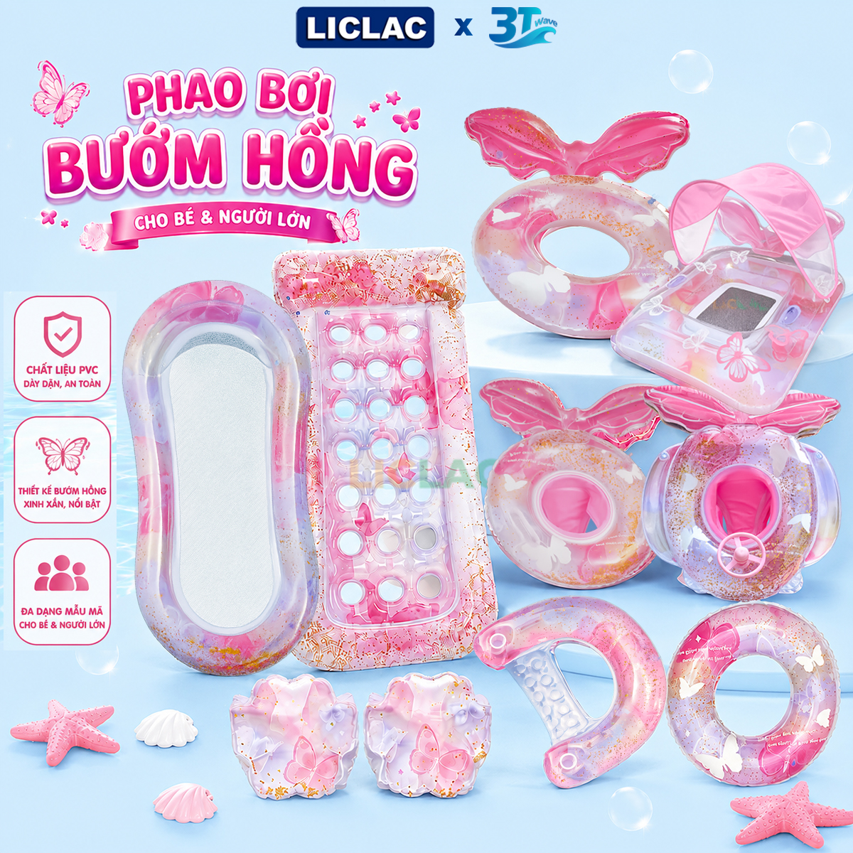 Phao bơi Bướm Hồng Lấp Lánh chất liệu PVC dày dặn - Phao bơi thư giãn dành cho người lớn và trẻ em