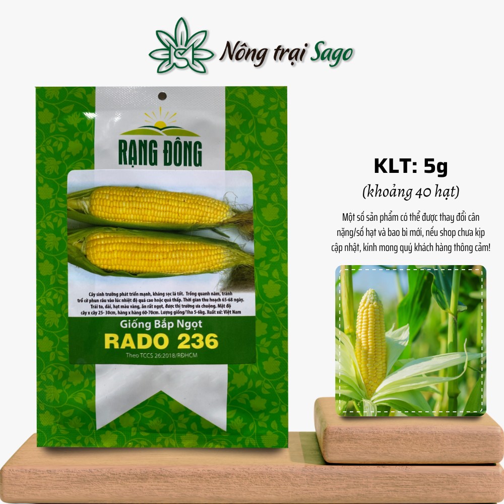 Hạt giống Bắp Ngọt Rado 236 (5g~40 hạt) chịu nhiệt tốt, năng suất cao, dễ chăm sóc, hiệu Hạt giống Rạng Đông - Nông Trại Sago